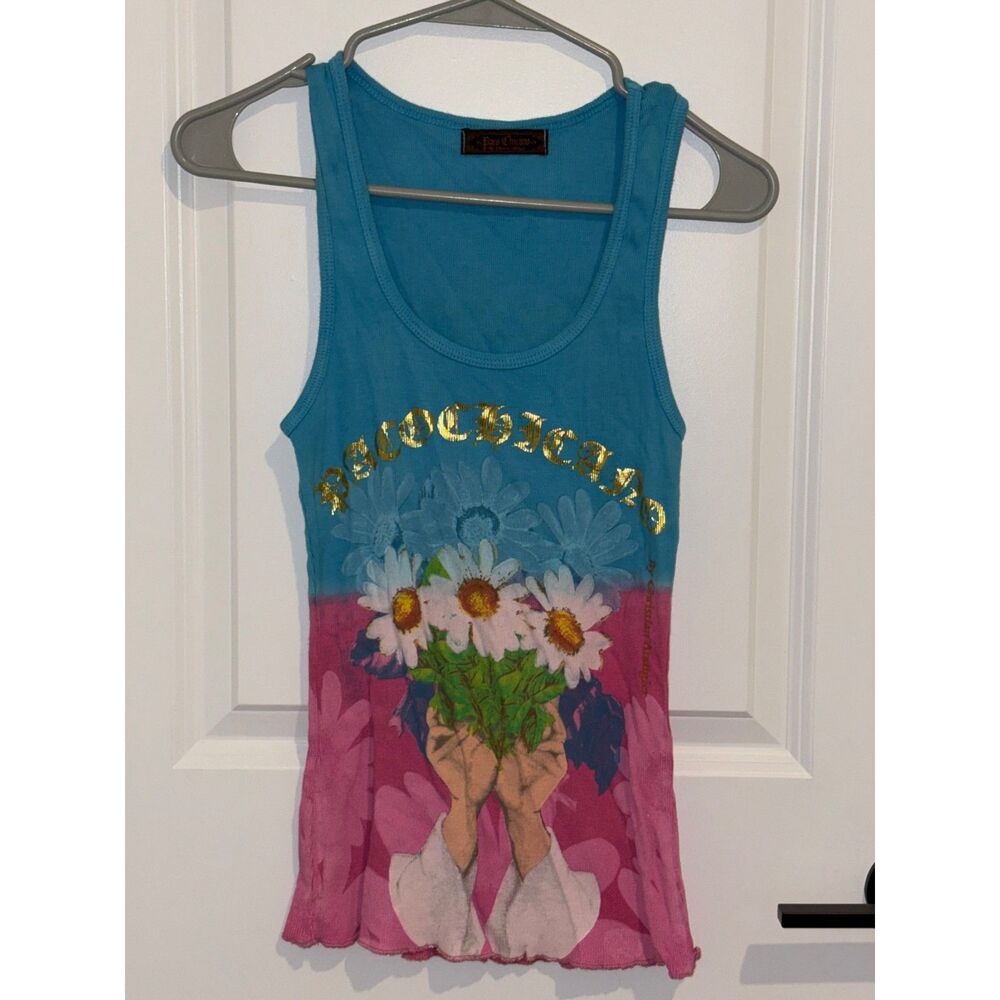 Paco Chicano x Christian Audigier Y2K Pink Tank Top Sz Large Daisies Vintage 90s